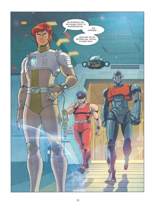 Szene aus Captain Future. Man sieht Captain Future und zwei weitere Personen in einem Flur