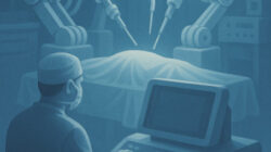 Ethik und Zukunft der Medizin - Mensch sinniert über Balance aus Menschlichkeit und Technik (KI generiert)