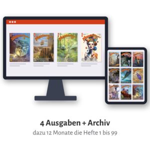 Vier Ausgaben der phantastisch! im Leseportal, daneben das Archiv mit alten Heften auf dem iPad