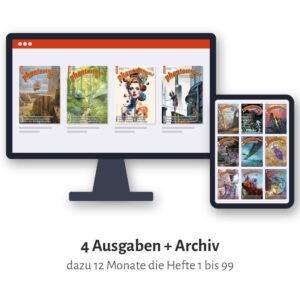 Vier Ausgaben der phantastisch! im Leseportal, daneben das Archiv mit alten Heften auf dem iPad